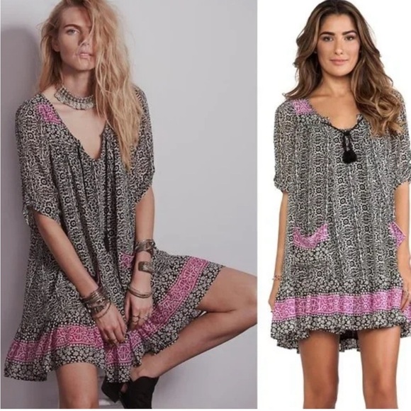 Free People Penny Lane Black Combo Chiffon Tunic Dress SZ M #1611 - Picture 1 of 10